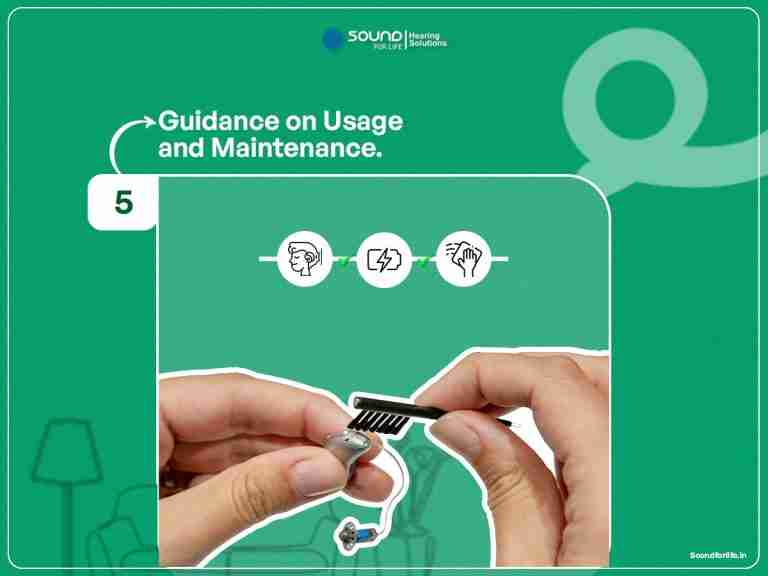 Step 5, usage and maintenance: hands cleaning a hearing aid with a small brush