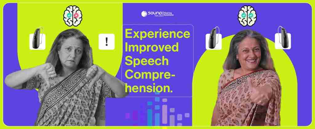 Improved speech comprehension: a woman shown struggling without hearing aids, then smiling with hearing aids in both ears