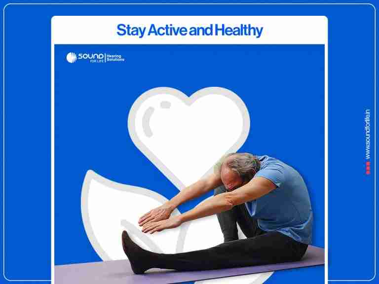 An older man stretching on a yoga mat against a blue promotional background with the heading "Stay Active and Healthy".