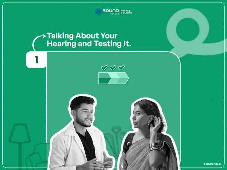 Step 1, talking about your hearing: a hearing specialist speaking with a woman at home