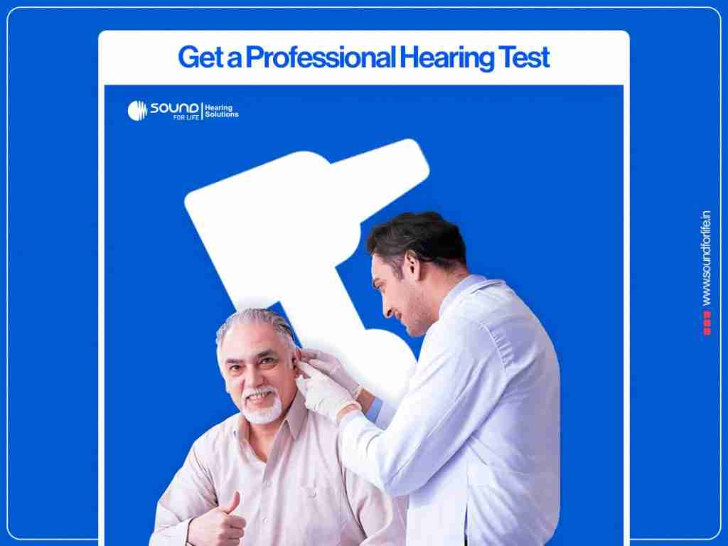 An audiologist examines an older man's ear while the man smiles and gives a thumbs-up against a blue promotional background with the text "Get a Professional Hearing Test
