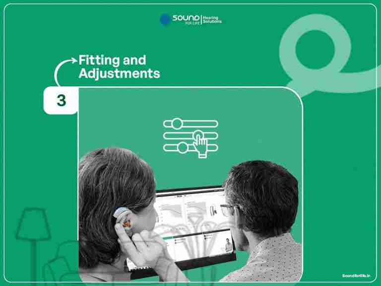 Step 3, fitting and adjustments: a specialist adjusting hearing aid settings on a laptop while fitting it