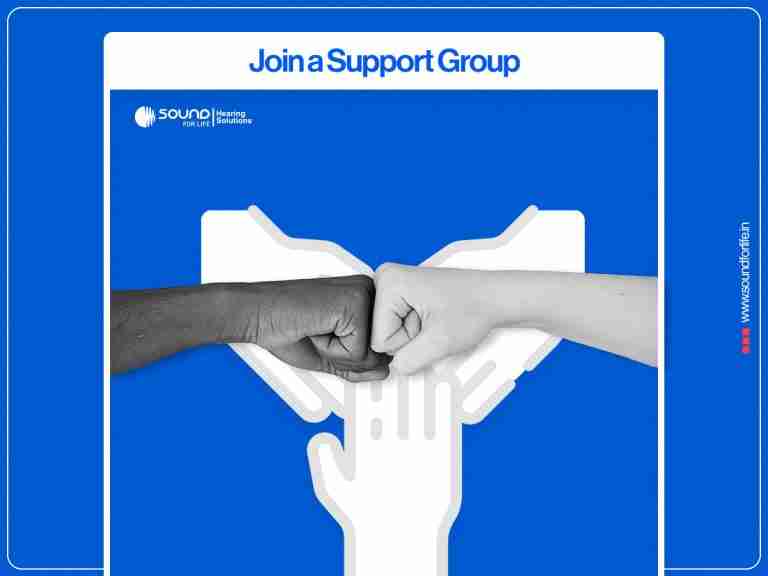 Two people giving a fist bump against a blue promotional background with the heading "Join a Support Group".