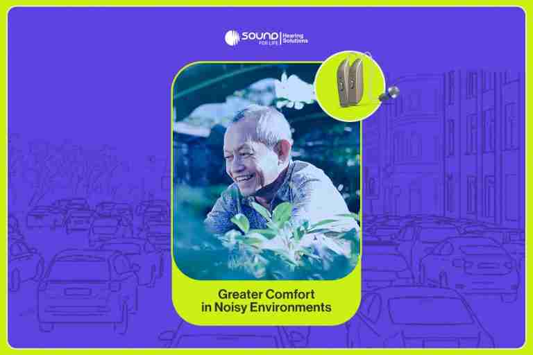Greater comfort in noisy environments: a smiling older man outdoors, with busy traffic sketched behind him