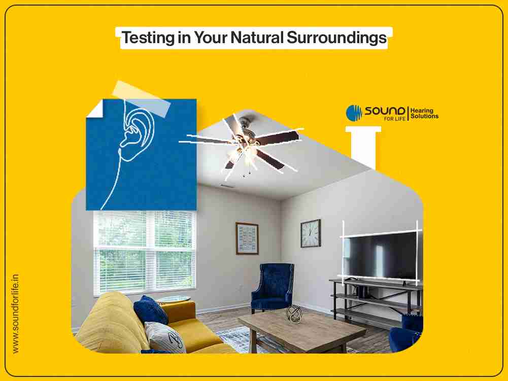 Testing in your natural surroundings: a living room with a sofa, television and ceiling fan
