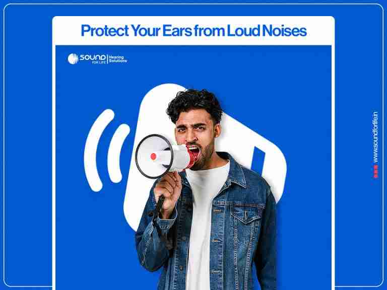 A young man in a denim jacket shouting into a megaphone against a blue promotional background with the heading "Protect Your Ears from Loud Noises